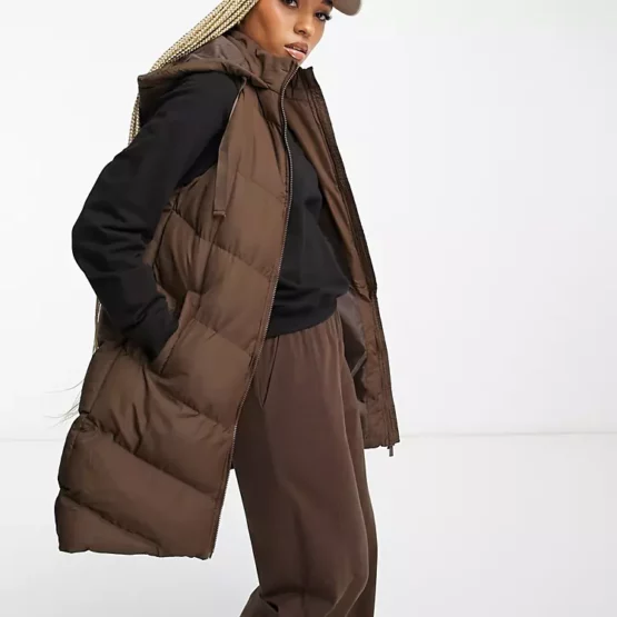 Threadbare Vamp longline padded vest with hood in chocolate brown