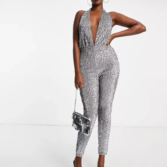 Parisian sequin halter neck jumpsuit in silver