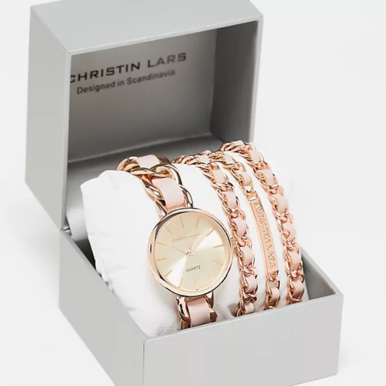 Christin Lars chain strap watch and bracelet gift set in pink