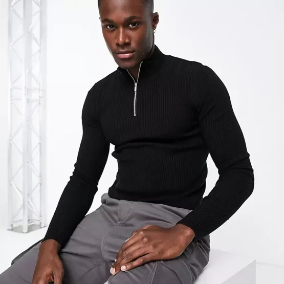 ASOS DESIGN lightweight ribbed sweater with half zip in black