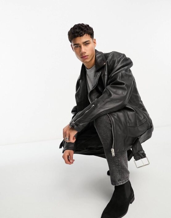 Bolongaro Trevor oversized zip biker leather jacket with belt in black - Imagen 3