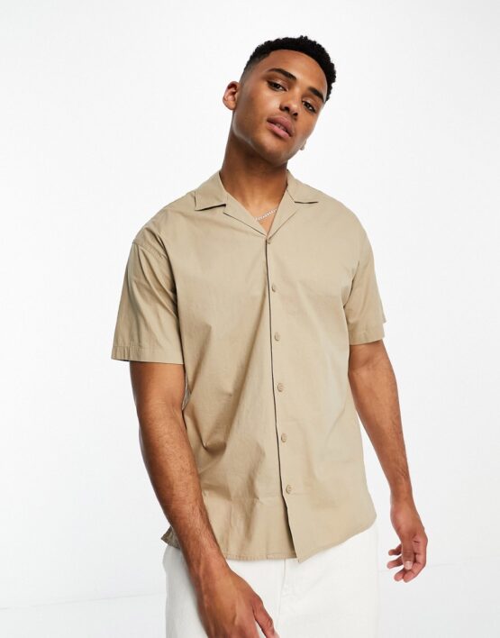 Jack & Jones short sleeve revere shirt in stone