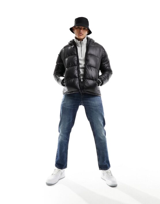 French Connection high neck shiny puffer jacket with hood in black