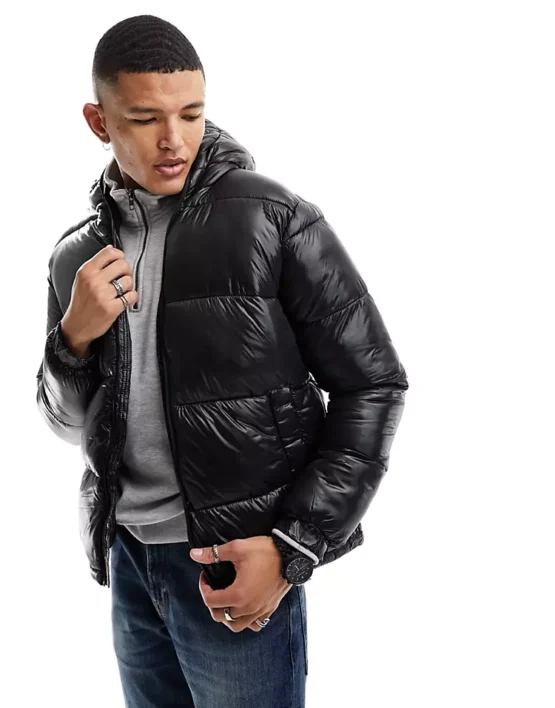 French Connection high neck shiny puffer jacket with hood in black - Imagen 2