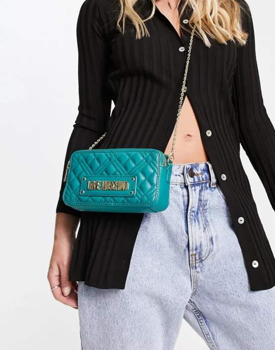 Love Moschino quilted cross body bag with double zip in green