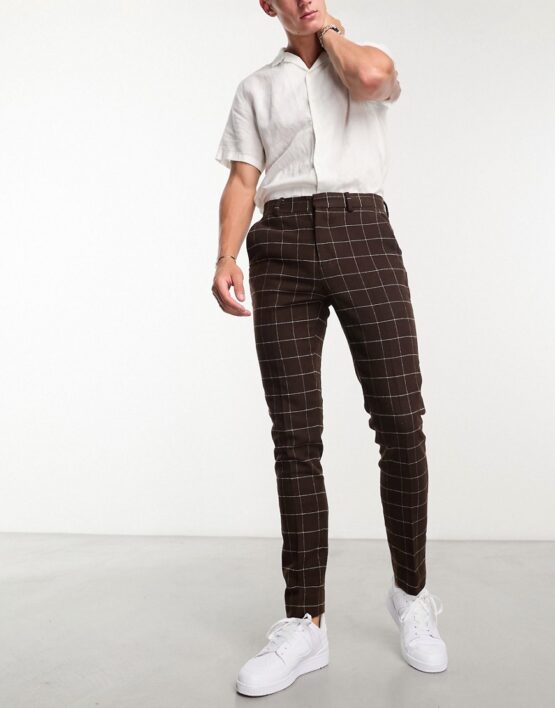 ASOS DESIGN skinny wool mix smart pants in chocolate brown window check