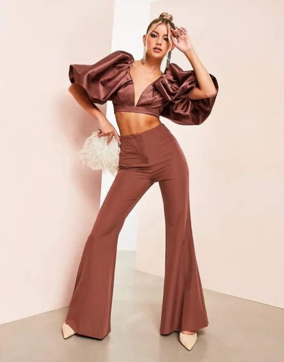 ASOS LUXE satin flare pants in brown