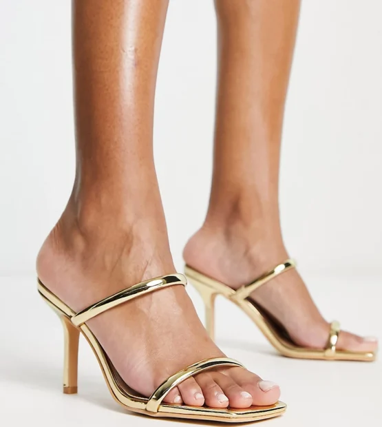 Glamorous Wide Fit two strap mule heeled sandals in gold