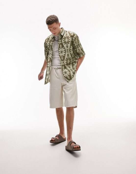 Topman short sleeve relaxed floral printed shirt in green