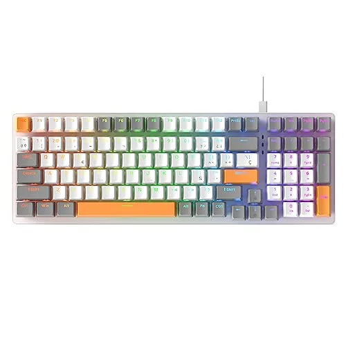 Teclado Mecanico Español Gamer K3, RGB Teclado Mecánico Gaming con Ñ, con 10 Efectos Iluminación RGB, 98 Teclas Anti-Ghosting, Ergonómico, Teclados para PC/Mac/Tablet (Combo Blanco/Switch Red)