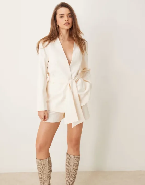 ASOS DESIGN tie waist blazer in buttermilk