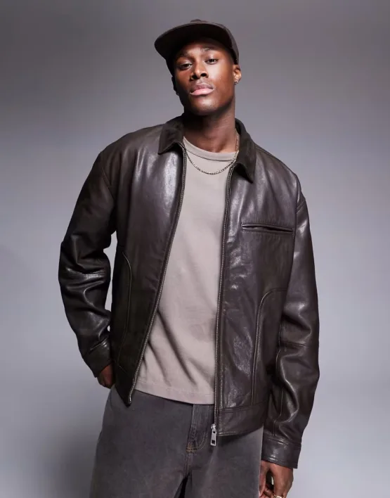 ASOS DESIGN Premium real leather harrington jacket with suede collar in brown