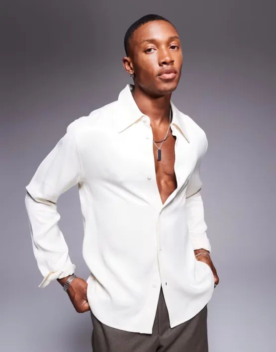 ASOS DESIGN slim fit shirt with 70s collar in cream satin-White