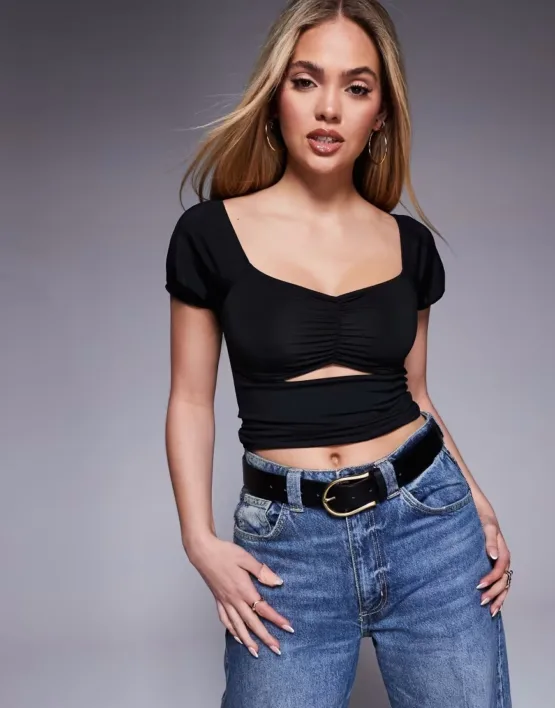 ASOS DESIGN milkmaid under bust cut-out top in black