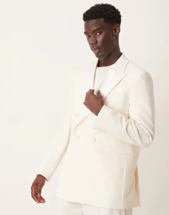 ASOS DESIGN relaxed tuxedo suit jacket in cream texture-White