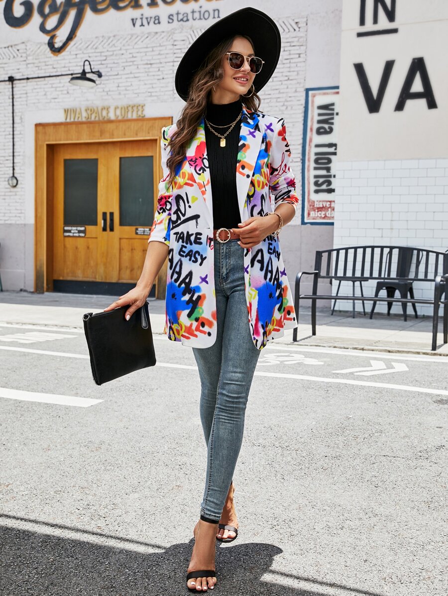 SHEIN Clasi Blazer de un solo botón con estampado de eslogan y graffiti