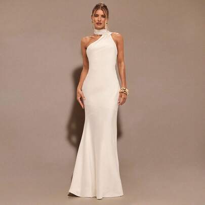 Vestido Mini Asimétrico de Satén Color Albaricoque de Un Hombro